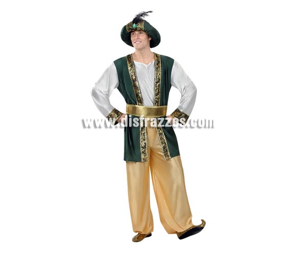 Disfraz de Sultán o Paje Real adulto para Navidad o para Carnaval barato. Talla única 52/54. Incluye sombrero, camisa, cinturón y turbante. Babuchas NO incluidas, podrás verlas en la sección de Complementos. Traje de Paje Real para Cabalgatas de Reyes Magos.