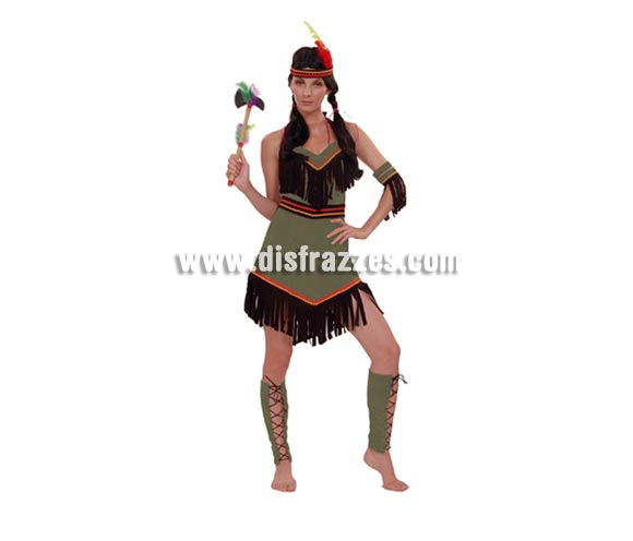 Disfraz de India Adulta Económico. Talla única 38/42. Incluye cinta cabeza, vestido, brazalete y cubre piernas. Hacha NO incluida, podrás verla en la sección de Complementos.