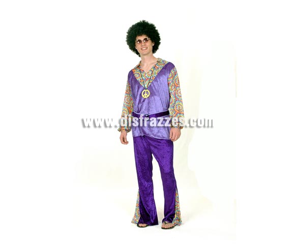 Disfraz de Hippie Adulto Económico. Talla única 52/56. Incluye camiseta, pantalón, cinturón y collar. Gafas y peluca NO incluidas, podrás verlos en las secciones de complementos y pelucas.