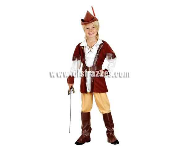 Disfraz de Robin Hood económico talla de 5 a 6 años. Incluye camisa, pantalón, cinturón, cubrebotas y sombrero. Espada NO incluida, podrás verla en la sección de Complementos.