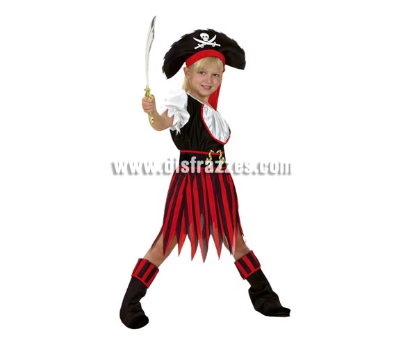 Disfraz barato de Pirata Niña Rojo y Negro para niñas. Talla de 7 a 9 años. Incluye camisa, falda, cinturón, cubrebotas y sombrero. Espada NO incluida, podrás verla en la sección de Complementos.