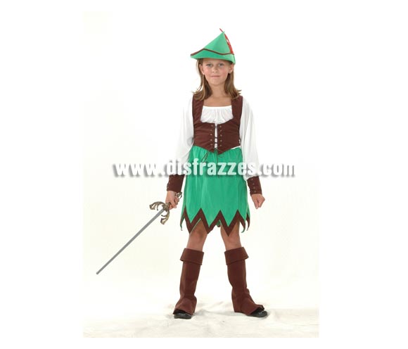 Disfraz de Robin Hood Niña Económico talla de 7 a 9 años. Incluye sombrero, camisa, chaleco, falda y cubrebotas. Espada NO incluida, podrás verla en la sección de Complementos.