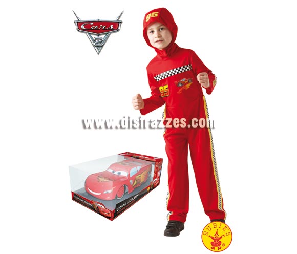 Cofre con disfraz de Cars 2 Rayo Mc. Queen. Talla de 5 a 7 años. Incluye jumpsuit o mono impreso, gorro y cofre mcQueen. Disfraz com licencia CARS perfecto para regalar en Navidad y Reyes.
