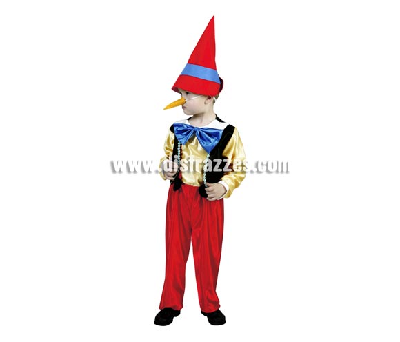 Disfraz de Pinocho para niños de 3 a 4 años. Incluye sombrero, nariz, pajarita, camisa con chaleco, pantalón y tirantes. Disfraz super barato .