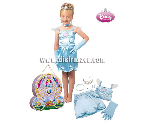 Cofre disfraz y accesorios de Cenicienta para niñas de 3 a 4 años aprox. Incluye falda, corpiño, 2 guantes, set de joyas (4pzas.), tiara y cofre. Artículo con licencia DISNEY perfecto para regalar.