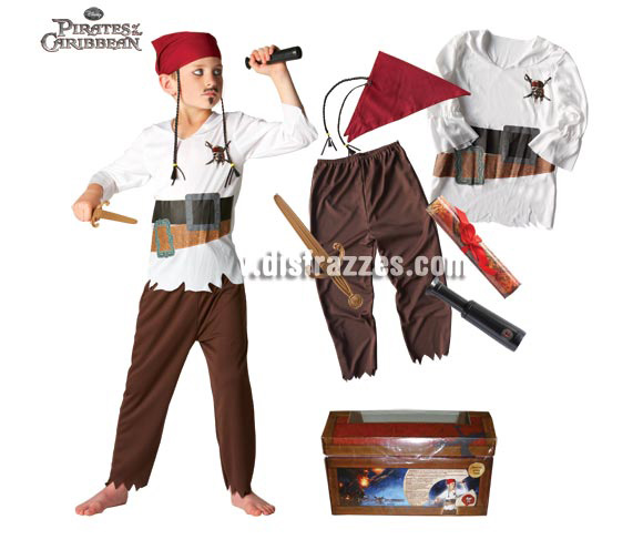 Cofre con disfraz y accesorios Piratas del Caribe para niños de 3 a 5 años. Incluye disfraz, daga, telescopio, mapa y bandana para el pelo. Artículo con licencia DISNEY perfecto para regalar.