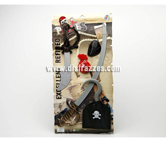 Set Pirata con Accesorios 57x28 cm. Incluye espada, cuchillo. monedas, parche y garfio.