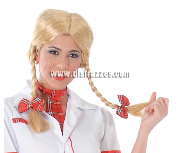 Peluca rubia con dos trenzas perfecta para disfraz de Colegiala y Tirolesa.