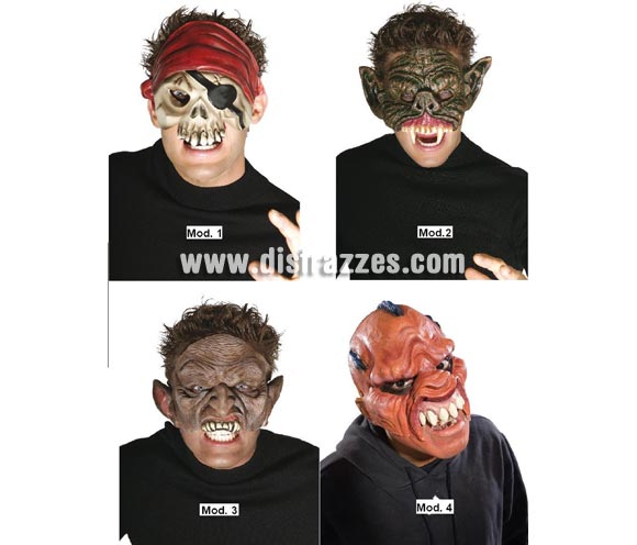Surtido 4 máscaras de media cara terroríficas para Halloween. Cuatro modelos surtidos, precio por unidad, se venden por separado.