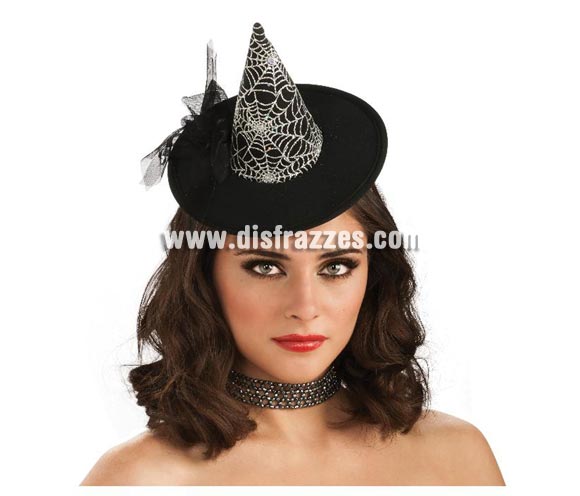 Mini sombrero de Bruja negro con telaraña para Halloween. Original sombrero de Bruja tipo tocado.