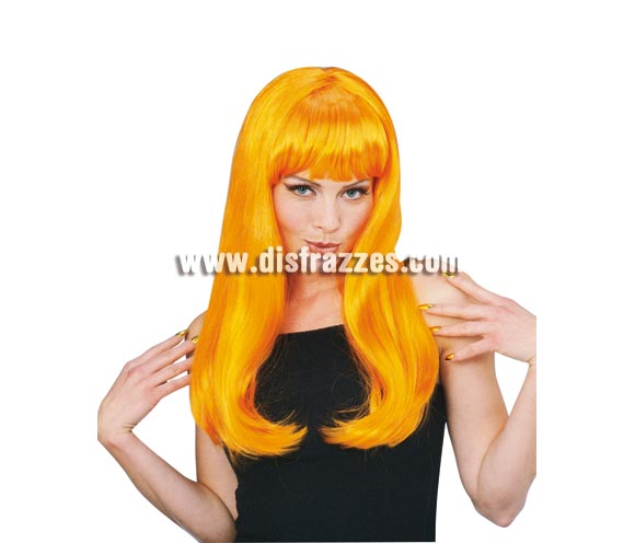 Peluca Glamour de color naranja para mujer. Ideal para disfrazarse de Bruja en Halloween y también es perfecta para Despedidas de Soltera.