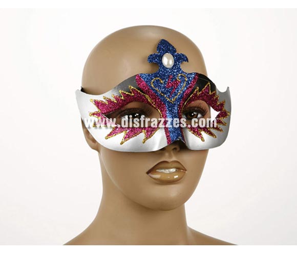 Máscara Veneciana plateada con purpurina azul y roja y una perla en blanca. Talla universal. Antifaz Veneciano plateado.