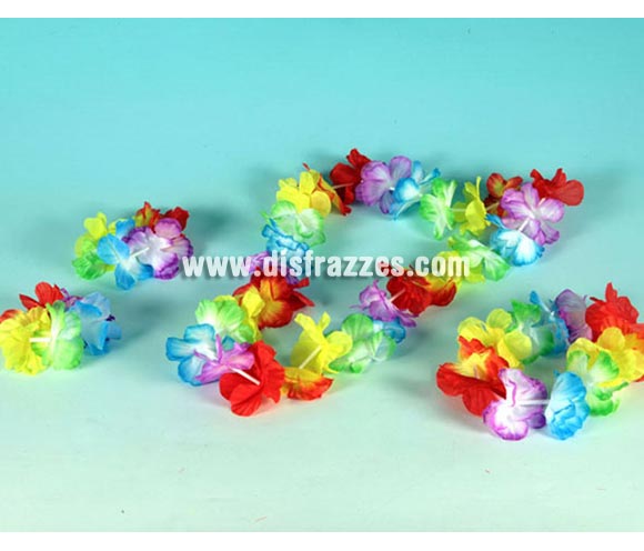 Complemento Hawaiano multicolor de tela. Incluye collar, muñequeras y corona para la cabeza. 
