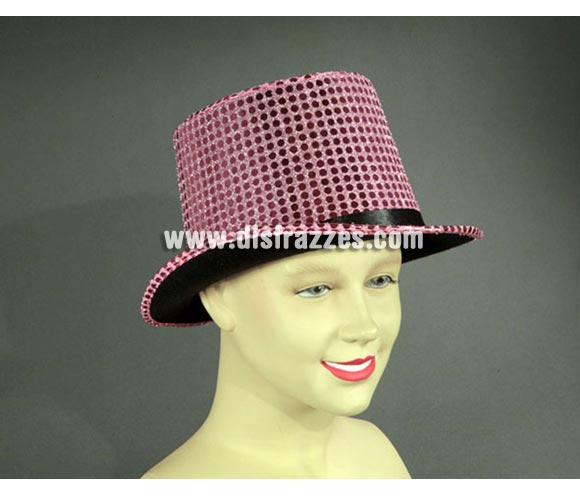 Sombrero de copa o Chistera rosa brillante. Talla universal de adultos.