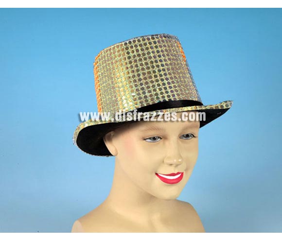 Sombrero de copa o Chistera dorada brillante. Talla universal de adultos.
