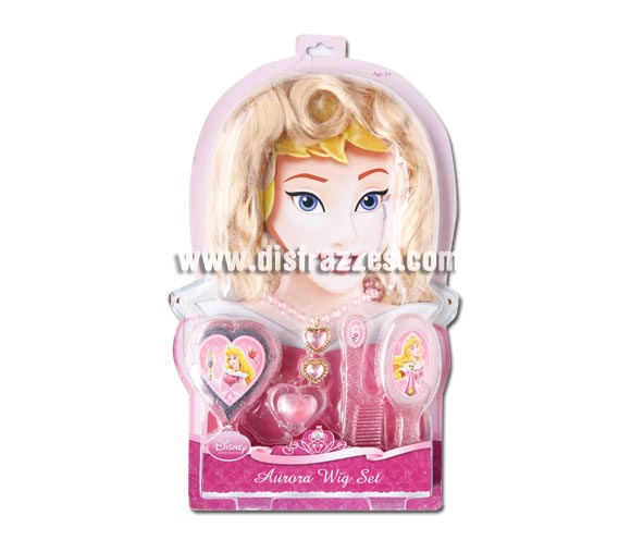 Set Accesorios de la Bella Durmiente para niñas. Incluye peluca, brillo de labios, cepillo, peine, espejo, anillo y collar. Artículo con licencia Disney perfecto como regalo.