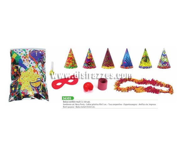 Bolsa cotillón multi-3 económico. Incluye 1 sombrero de colores Nova Party, Collar plástico 90x7 cm, taco de serpentina, espantasuegras, antifaz y nariz de payaso o dentadura de drácula.