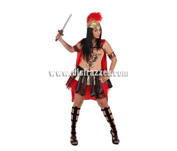 Disfraz de Gladiadora sexy para mujer. Talla 2 ó talla Standar M-L 38/42. Incluye vestido con capa, gorro, liga y cubrepiernas. Espada y brazalete NO incluidos, podrás encontrar espadas en nuestra sección de Complementos.
