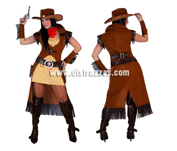 Disfraz de Pistolera o Vaquera para mujer. Talla 2 ó talla Standar M-L = 38/42. Incluye vestido, chaqueta, cinturón, pañuelo, sombrero y manguitos.Pistolas NO incluidas, podrás encontrar en nuestra sección de Complementos.