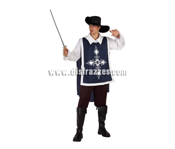Disfraz de Mosquetero Azul para hombre. Talla 2 ó talla Standar M-L 52/54. Incluye Pantalón, camisa, casaca y sombrero. Cubrebotas y espada NO incluidos, podrás encontrar en nuestra sección de Complementos.