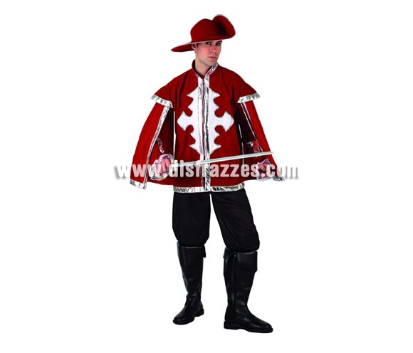 Disfraz de Mosquetero rojo para hombre. Talla 2 ó talla standar M-L 52/54. Incluye pantalón, camisa y sombrero. Espada NO incluido, podrás encontrar en nuestra sección de Complementos.