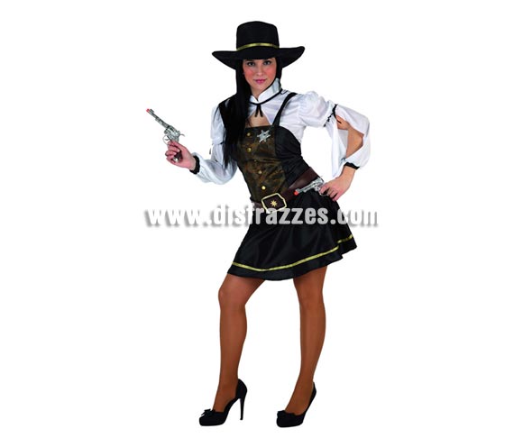 Disfraz de Sheriff para mujer. Talla 2 ó talla standar M-L 38/42. Incluye vestido, camisa, cinturón y sombrero. Pistolas NO incluidas, podrás encontrar en nuestra sección de Complementos.