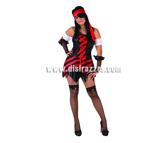 Disfraz de Pirata sexy para mujer. Talla 2 ó talla standar M-L 38/42. Incluye vestido, manguitos, parche y pañuelo. Mitones NO incluidos, podrás encontrar en nuestra sección de Complementos.