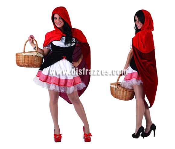 Disfraz de Caperucita Roja sexy para mujer. Talla 3 ó talla XL 44/48. Incluye capa con capucha, delantal, falda y camisa. Cesta NO incluida.
