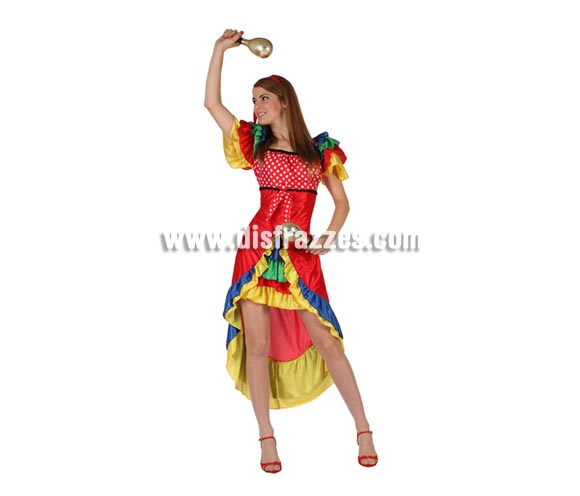 Disfraz de Rumbera para mujer. Talla 2 ó talla Standar M-L 38/42. Incluye vestido y tocado. Maracas NO inlcuidas, podrás encontrar en nuestra sección de Complementos.