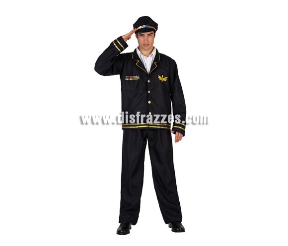 Disfraz de Piloto de Vuelo o Comandante de Vuelo para hombre. Talla 2 ó talla M-L standar 52/54. Incluye pantalón, chaqueta y gorra.