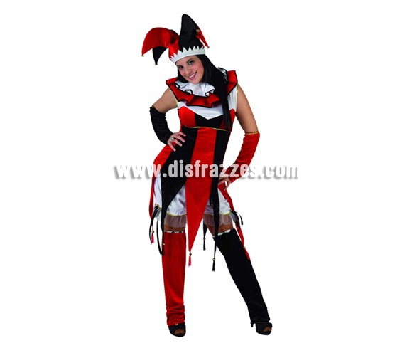 Disfraz de Bufón rojo y negro para mujer. Talla 2 ó talla standar M-L 38/42. Incluye disfraz completo y gorro. Éste disfraz también puede decirse que es un disfraz de Arlequín para chicas.