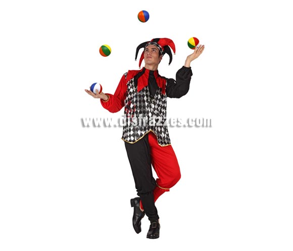 Disfraz de Bufón rojo y negro para hombre. Talla 2 ó talla Standar M-L = 52/54. Incluye traje completo y gorro. Pelotas NO incluidas. Éste disfraz también puede decirse que es un disfraz de Arlequín para chicos.