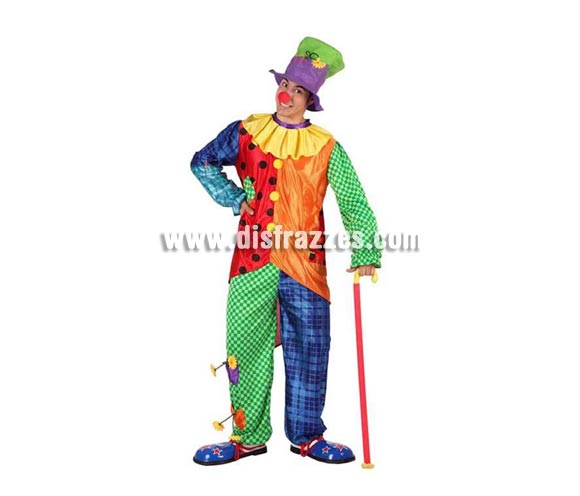 Disfraz de Payaso para hombre. Talla 2 ó talla standar M-L 52/54. Incluye pantalón, camisa y gorro. Nariz, bastón y zapatones NO incluidos, podrás encontrar en nuestra sección de Complementos.