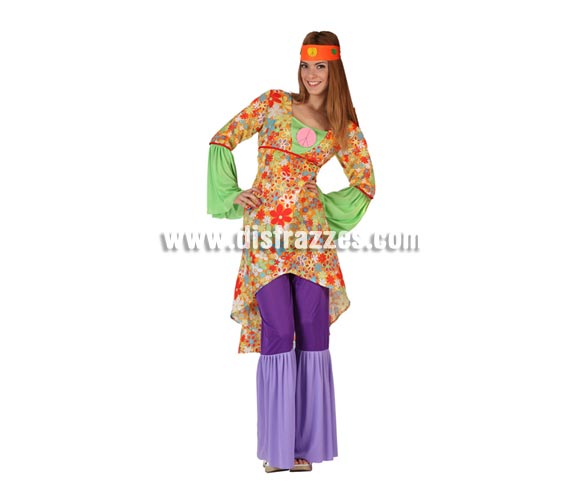 Disfraz de Hippie Psicodelica para mujer. Talla 2 ó talla standar M-L 38/42. Incluye pantalón, camisa y cinta de la cabeza.