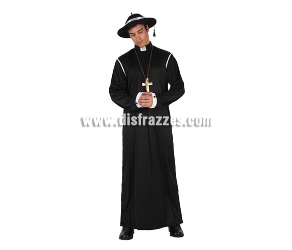Disfraz barato de Sacerdote para hombre. Talla 2 ó talla standar M-L 52/54. Disfraz de Cura o de Padre.  Incluye túnica, cruz y sombrero.