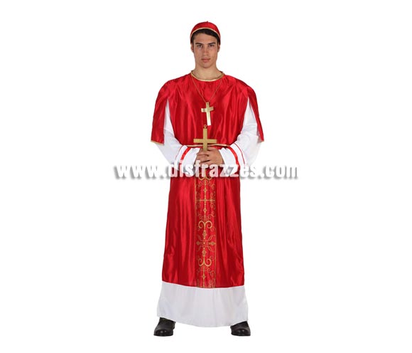 Disfraz de Cardenal rojo para hombre. Talla 2 ó talla standar M-L 52/54. Incluye túnica, gorro y colgante de cruz.. 