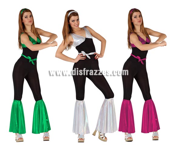 Disfraz de Chica de la Disco o Discotequera para mujer. Talla 2 ó talla standar M-L 38/42. Incluye mono, cinturón y cinta de la cabeza. Tres modelos surtidos, precio por unidad, se venden por separado