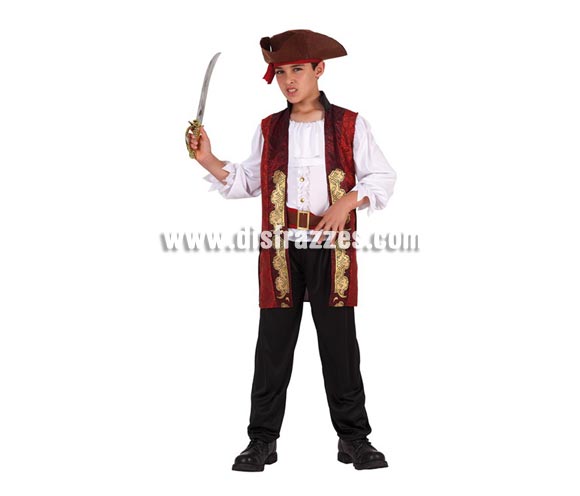 Disfraz de Pirata lujo para niños de 3 a 4 años. Incluye pantalón, cinturón, chaleco, camisa, y sombrero. Espada NO incluida, podrás verla en la sección de Complementos.