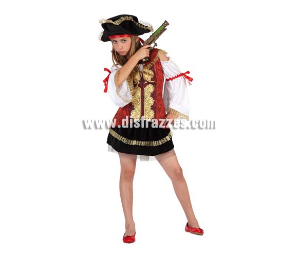 Disfraz de Pirata de Lujo para niñas de 10 a 12 años. Incluye falda, camisa con corse y sombrero. Trabuco NO incluido, podrás verlo en la sección de Complementos.