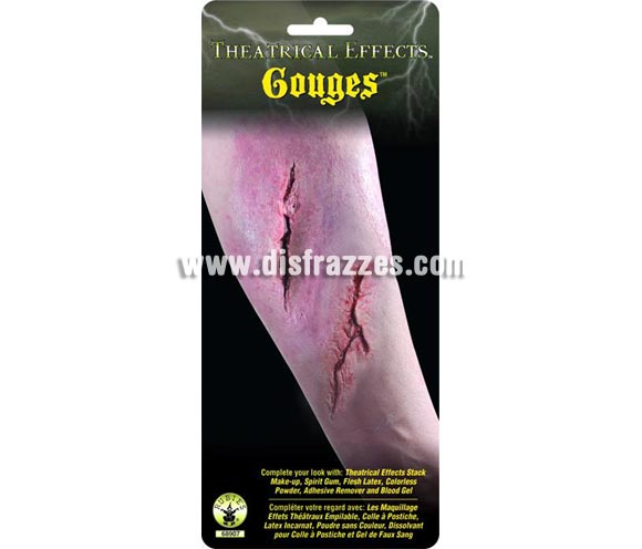 Cortes FX'S. Artículo de Maquillaje FX fabricado en látex ideal para caracterizarte. Dos piezas de látex para conseguir un efecto realista de cortes profundos en la piel.
 
Recuerda que para fijarlas necesitarás el Pegamento FX .  