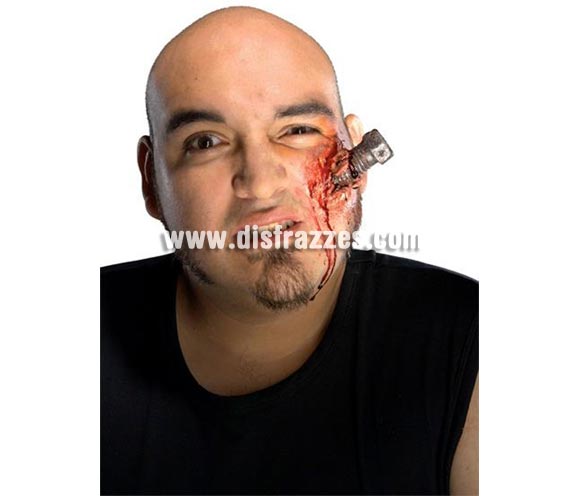 Kit tornillo clavado FX'S. Artículo de Maquillaje FX fabricado en látex ideal para caracterizarte. Kit con todo lo necesario para conseguir la real apariencia de tener un tornillo clavado en la cara. Incluye pieza de látex que simula la carne y el tornillo,sangre, y adhesivo para colocarlo todo en su sitio. 