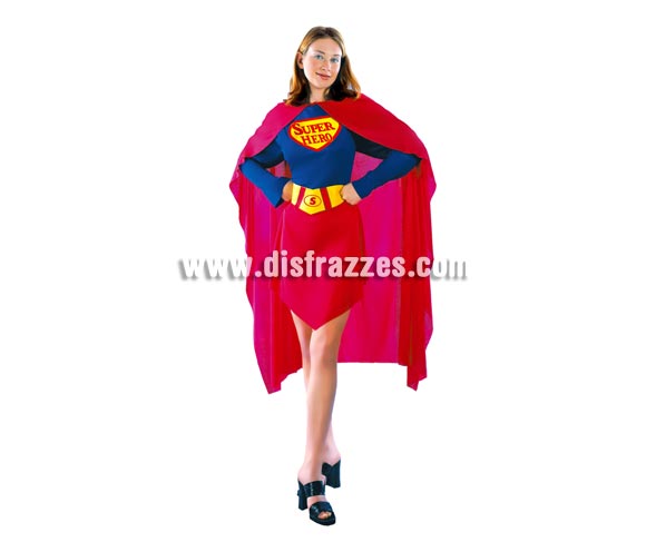 Disfraz de Superwoman adulta. Disfraz de Super Girl. Talla Standar M-L 38/42. Incluye vestido, capa y cinturón.