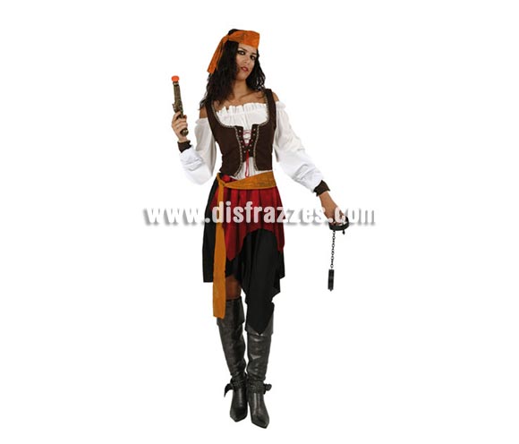 Disfraz barato de Pirata o Bucanera para mujer. Talla 2 ó talla standar M-L 38/42. Incluye falda, cinturón, camisa, corpiño y pañuelo de la cabeza. Trabuco y esposas NO incluidos, podrás encontrar en nuestra sección de Complementos.