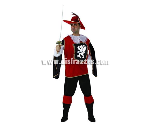 Disfraz de Mosquetero rojo para hombre. Talla 2 ó talla standar M-L = 52/54. Incluye camisa, sombrero, pantalón y cubrebotas. Espada y  NO incluida, podrás encontrar en nuestra sección de Complementos.