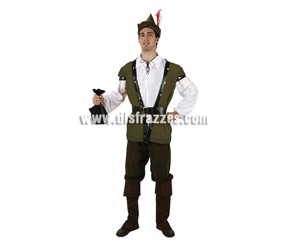 Disfraz de Arquero o de Robin Hood para hombre. Talla 2 ó talla standar M-L 52/54. Incluye camisa, cinturón, pantalón, gorro y cubrebotas. Complementos NO incluidos.
