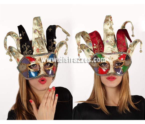 Máscara Veneciana Arlequín con cascabeles. Talla Universal. Dos modelos surtidos, precio por unidad, se venden por separado.