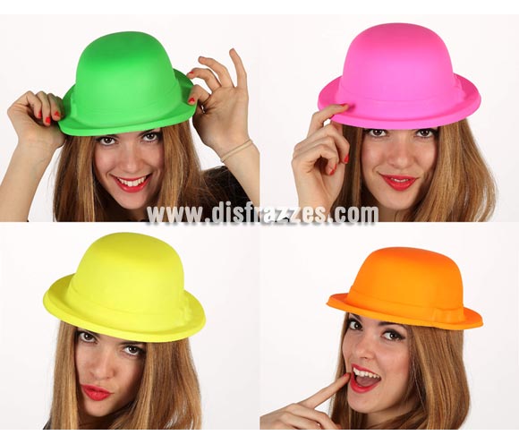 Sombrero Bombín fluorescente de plástico. Cuatro colores surtidos, precio por unidad, se venden por separardo.