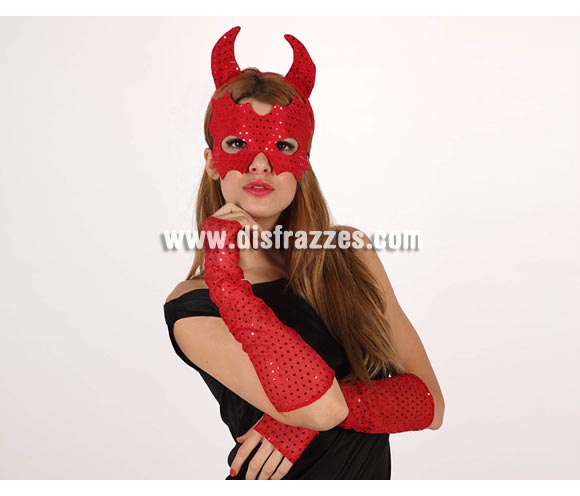 Set Demonio rojo de lentejuelas. Incluye diadema, antifaz y guantes. Ideal para despedidas de Soltera y para Halloween.