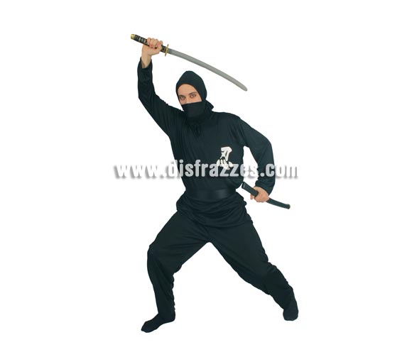 Disfraz barato de Ninja para hombre. Talla universal 52/54. Incluye capucha, camisa, cinturón y pantalón. Espada NO incluida, podrás verla en Complementos.