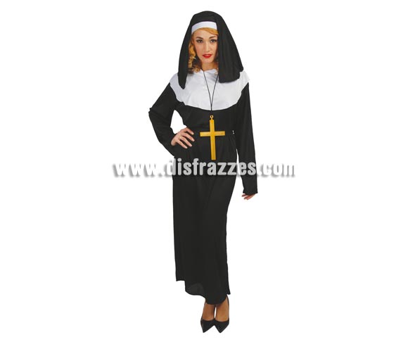 Disfraz barato de Monja adulta para Carnavales. Talla única válida hasta la 42/44. Incluye Cofia y Vestido.